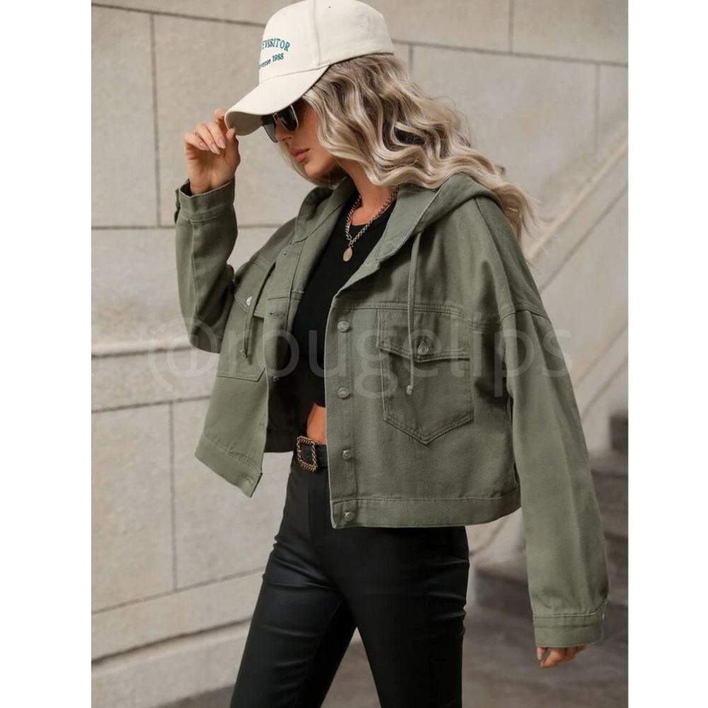 Boxy, Oversized Hooded Army Green Jean Jacket Fap Pockets Long Sleeve - Picture 4 of 8